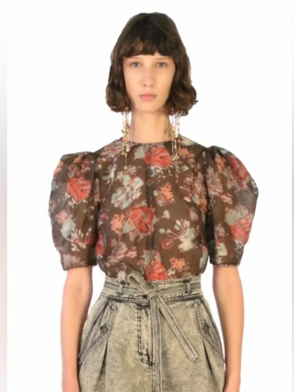 Ulla Johnson Lise Brown Floral Puff-Sleeve Blouse in Fern